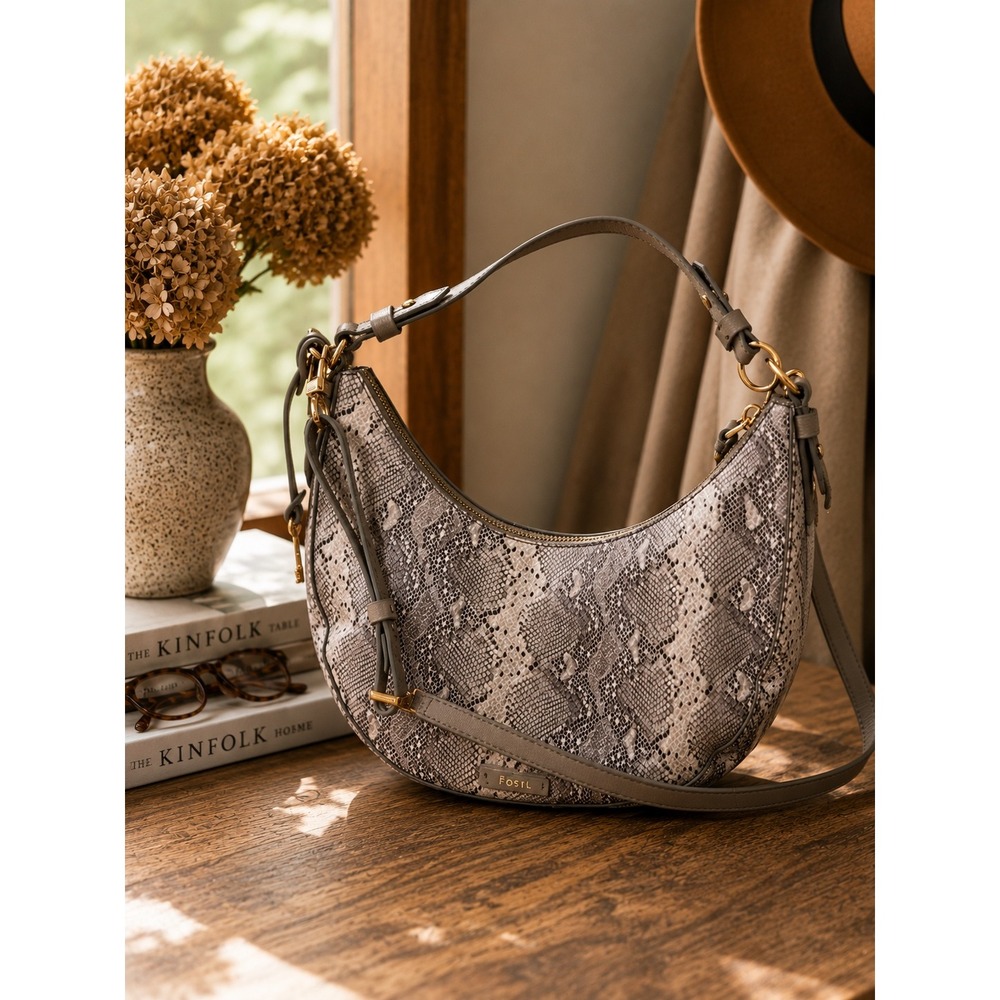 Fossil Snake Print Leather Crescent Shoulder Bag Crossbody Convertible Purse